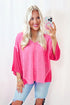 Textured Patchwork V Neck Three Quarter Sleeve Loose Blouse