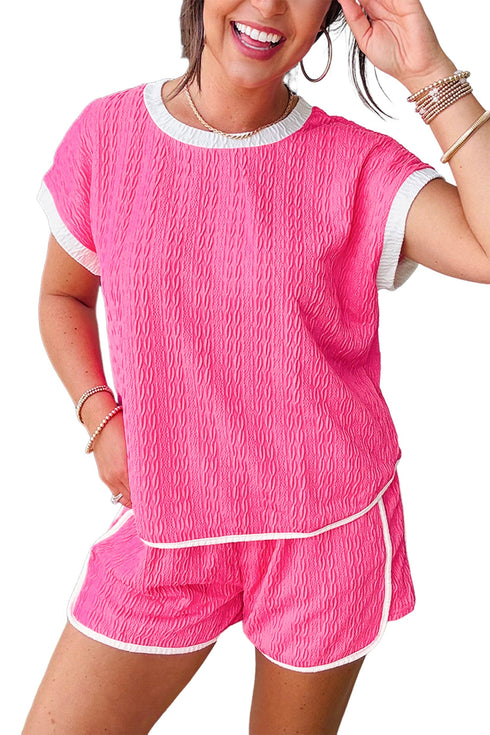 Textured Pattern Trim Loose Tee Drawstring Short Sets