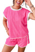 Textured Pattern Trim Loose Tee Drawstring Short Sets