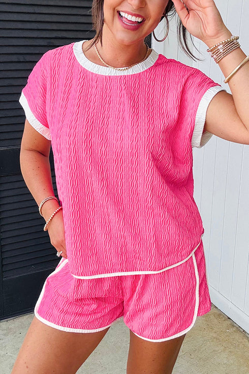 Textured Pattern Trim Loose Tee Drawstring Short Sets