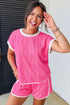 Textured Pattern Trim Loose Tee Drawstring Short Sets