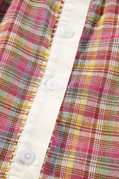 Textured Plaid Long Sleeve Band Collar Blouse