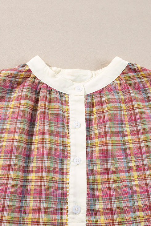 Textured Plaid Long Sleeve Band Collar Blouse