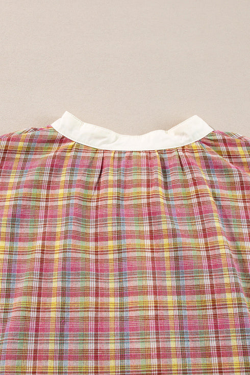 Textured Plaid Long Sleeve Band Collar Blouse
