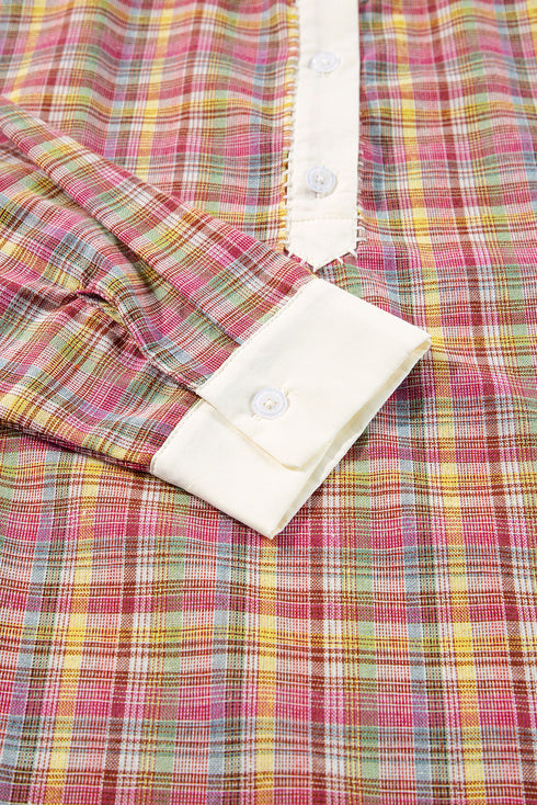Textured Plaid Long Sleeve Band Collar Blouse