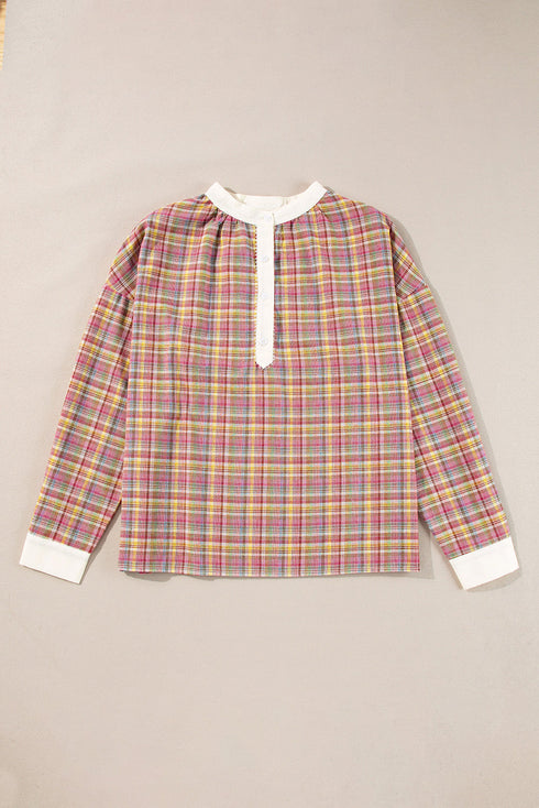 Textured Plaid Long Sleeve Band Collar Blouse