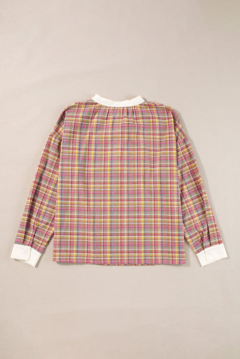Textured Plaid Long Sleeve Band Collar Blouse