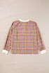 Textured Plaid Long Sleeve Band Collar Blouse