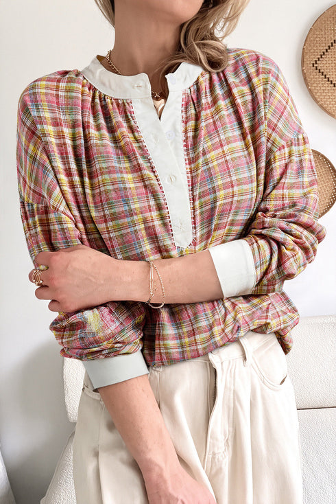 Textured Plaid Long Sleeve Band Collar Blouse