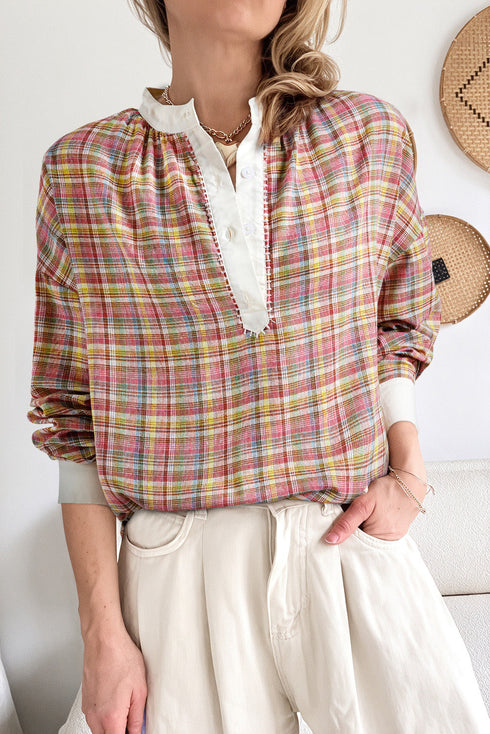 Textured Plaid Long Sleeve Band Collar Blouse