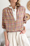 Textured Plaid Long Sleeve Band Collar Blouse