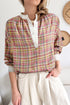 Textured Plaid Long Sleeve Band Collar Blouse