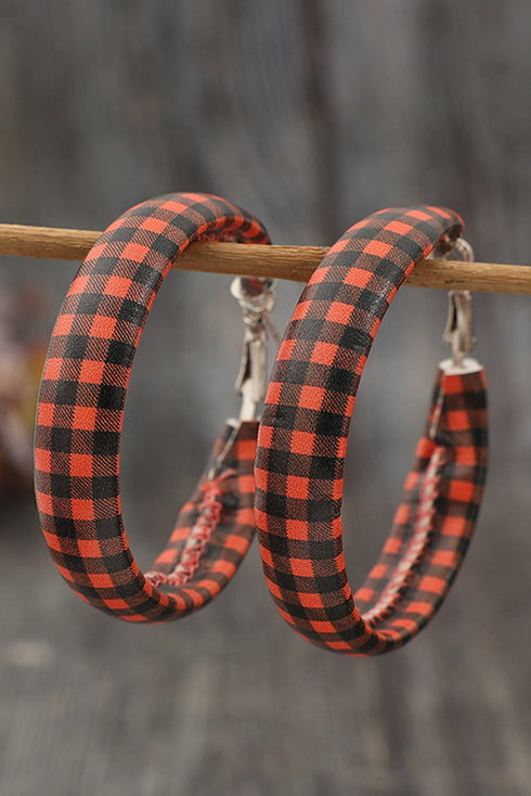 Textured Plaid Print Faux Leather Hoop Earrings