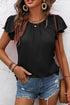 Textured Pleated Flutter Sleeve Split Neck Tie Blouse
