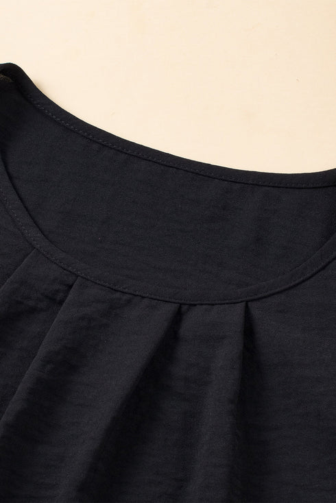 Textured Pleated Flutter Sleeve Split Neck Tie Blouse