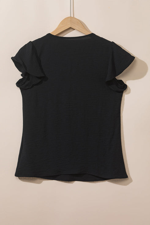 Textured Pleated Flutter Sleeve Split Neck Tie Blouse