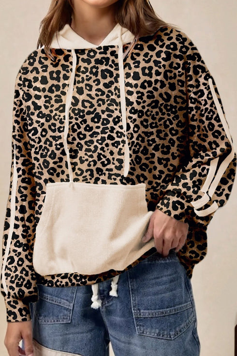 Textured Pocket Animal Print Stripe Detail Hoodie