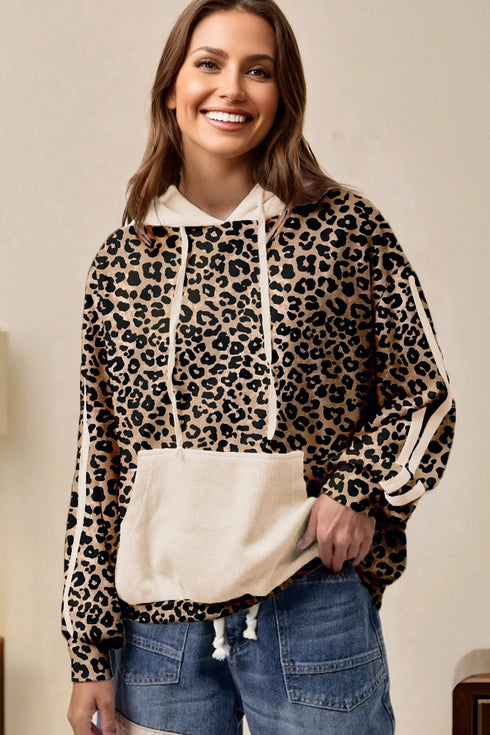 Textured Pocket Animal Print Stripe Detail Hoodie