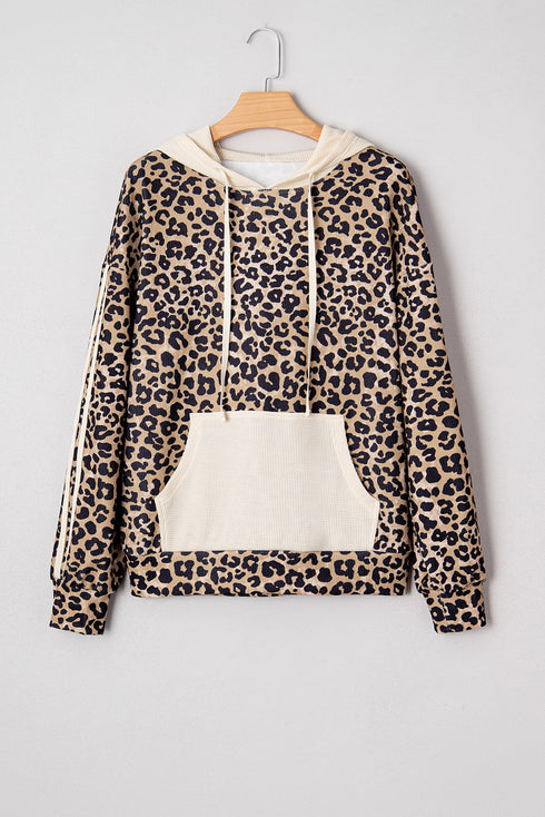 Textured Pocket Animal Print Stripe Detail Hoodie