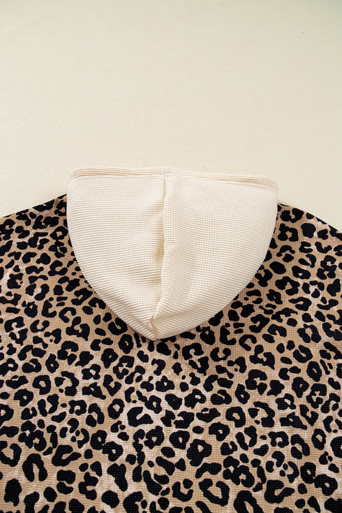 Textured Pocket Animal Print Stripe Detail Hoodie