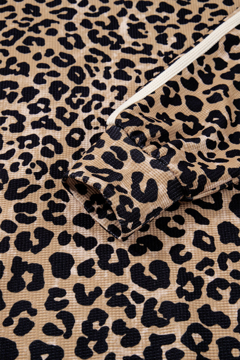 Textured Pocket Animal Print Stripe Detail Hoodie