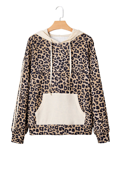 Textured Pocket Animal Print Stripe Detail Hoodie