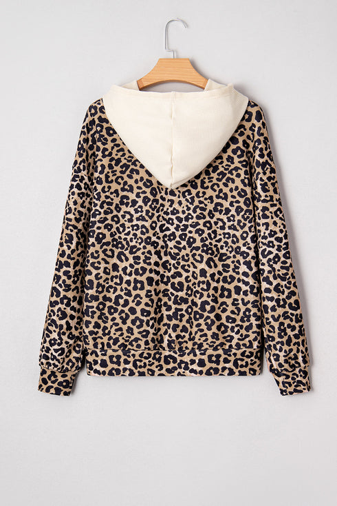 Textured Pocket Animal Print Stripe Detail Hoodie