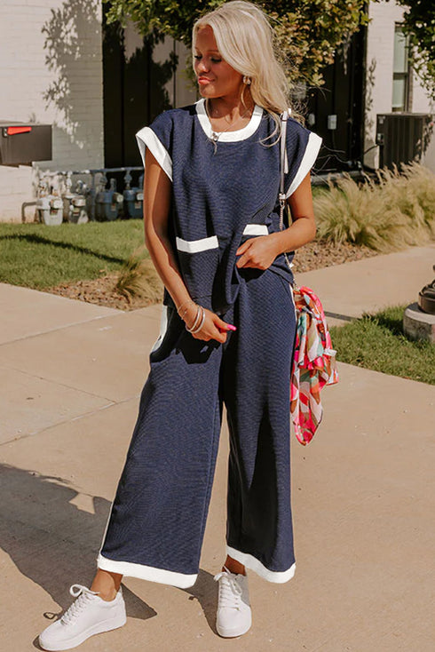 Textured Pocketed Wide Leg T Shirt Pant Set