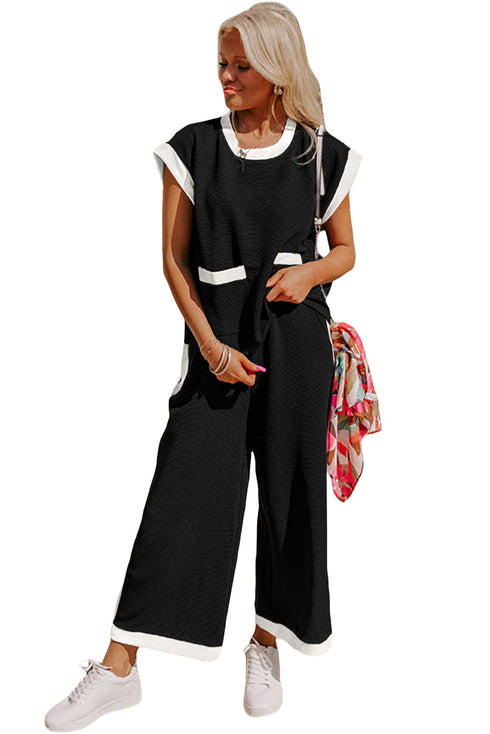 Textured Pocketed Wide Leg T Shirt Pant Set