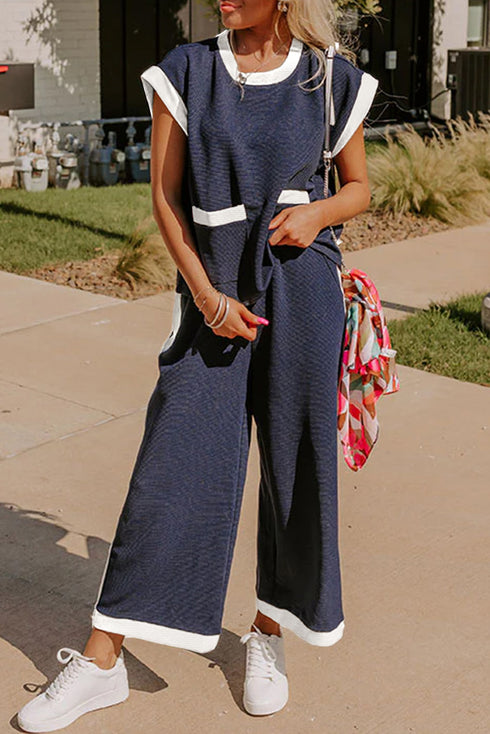 Textured Pocketed Wide Leg T Shirt Pant Set