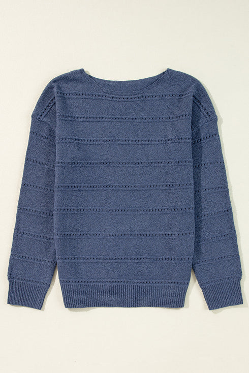 Textured Pointelle Knit Boat Neck Long Sleeve Sweater