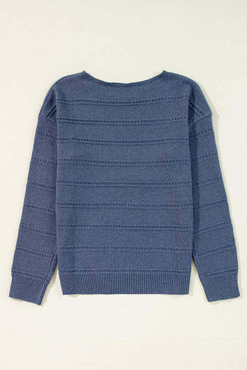 Textured Pointelle Knit Boat Neck Long Sleeve Sweater