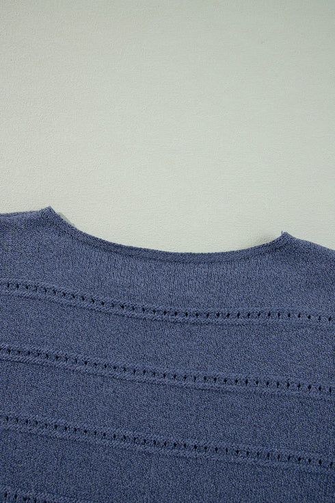 Textured Pointelle Knit Boat Neck Long Sleeve Sweater