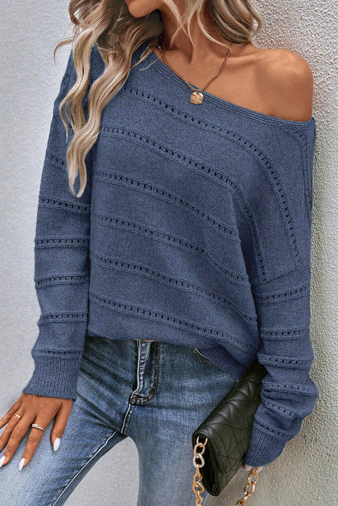 Textured Pointelle Knit Boat Neck Long Sleeve Sweater