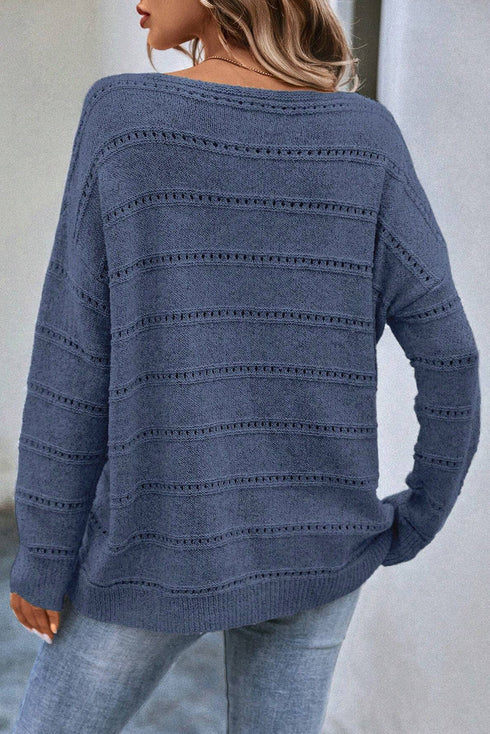 Textured Pointelle Knit Boat Neck Long Sleeve Sweater