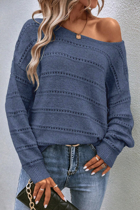 Textured Pointelle Knit Boat Neck Long Sleeve Sweater