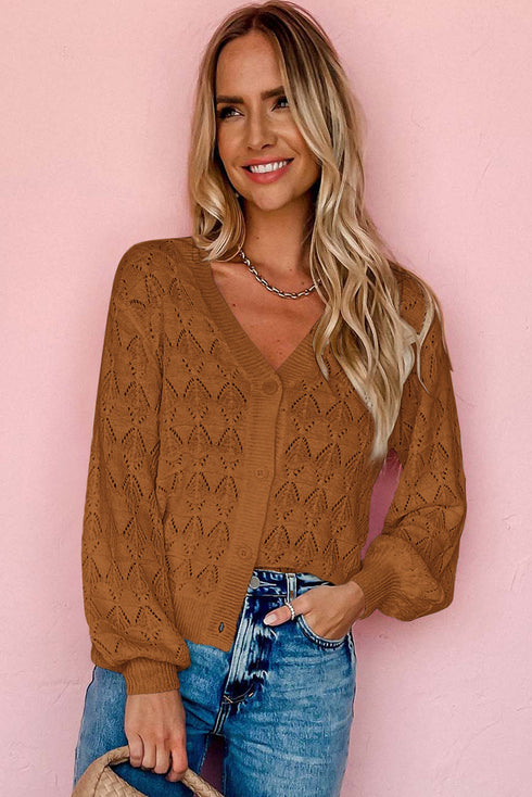Textured Pointelle Knit Button Front V Neck Cardigan