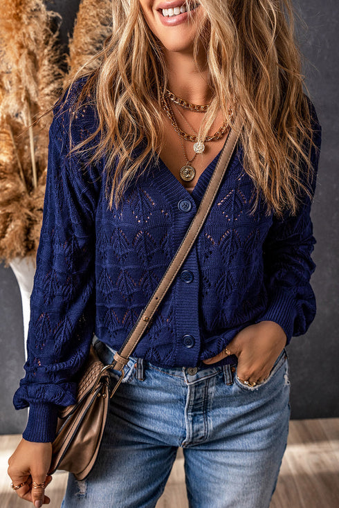 Textured Pointelle Knit Button Front V Neck Cardigan
