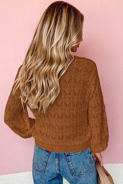 Textured Pointelle Knit Button Front V Neck Cardigan