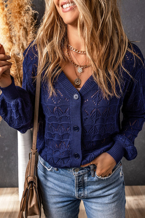 Textured Pointelle Knit Button Front V Neck Cardigan
