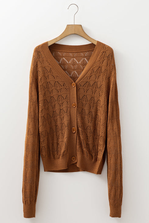 Textured Pointelle Knit Button Front V Neck Cardigan