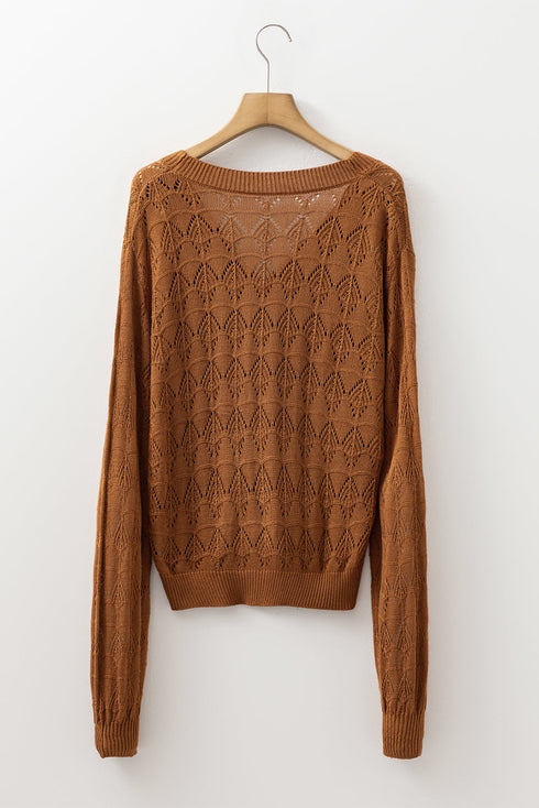 Textured Pointelle Knit Button Front V Neck Cardigan