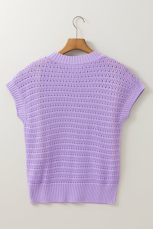 Textured Pointelle Knit Short Sleeve Crew Neck Sweater