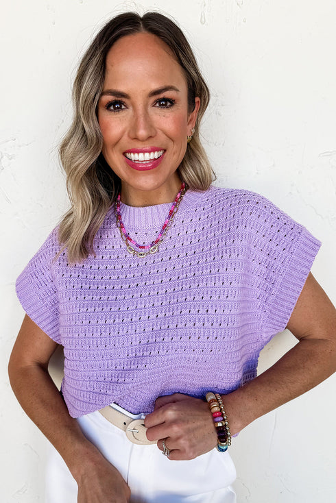 Textured Pointelle Knit Short Sleeve Crew Neck Sweater