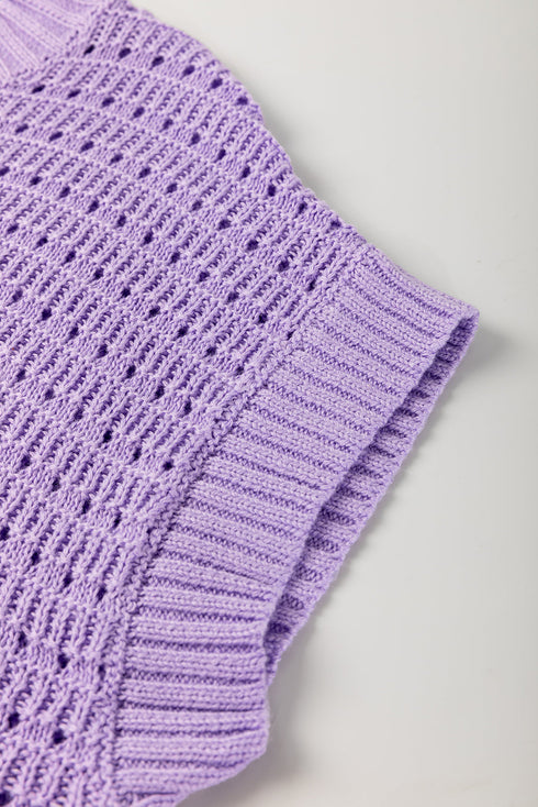 Textured Pointelle Knit Short Sleeve Crew Neck Sweater