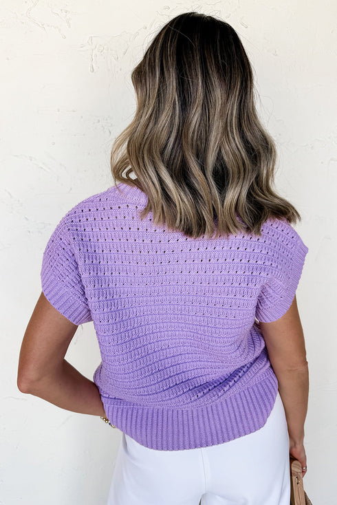 Textured Pointelle Knit Short Sleeve Crew Neck Sweater