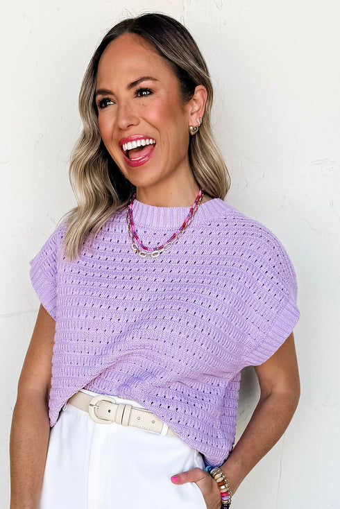 Textured Pointelle Knit Short Sleeve Crew Neck Sweater