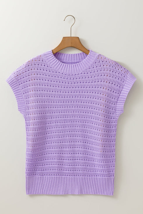 Textured Pointelle Knit Short Sleeve Crew Neck Sweater