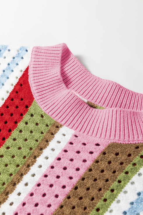 Textured Pointelle Knit Short Sleeve Crew Neck Top