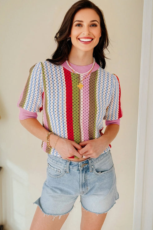 Textured Pointelle Knit Short Sleeve Crew Neck Top